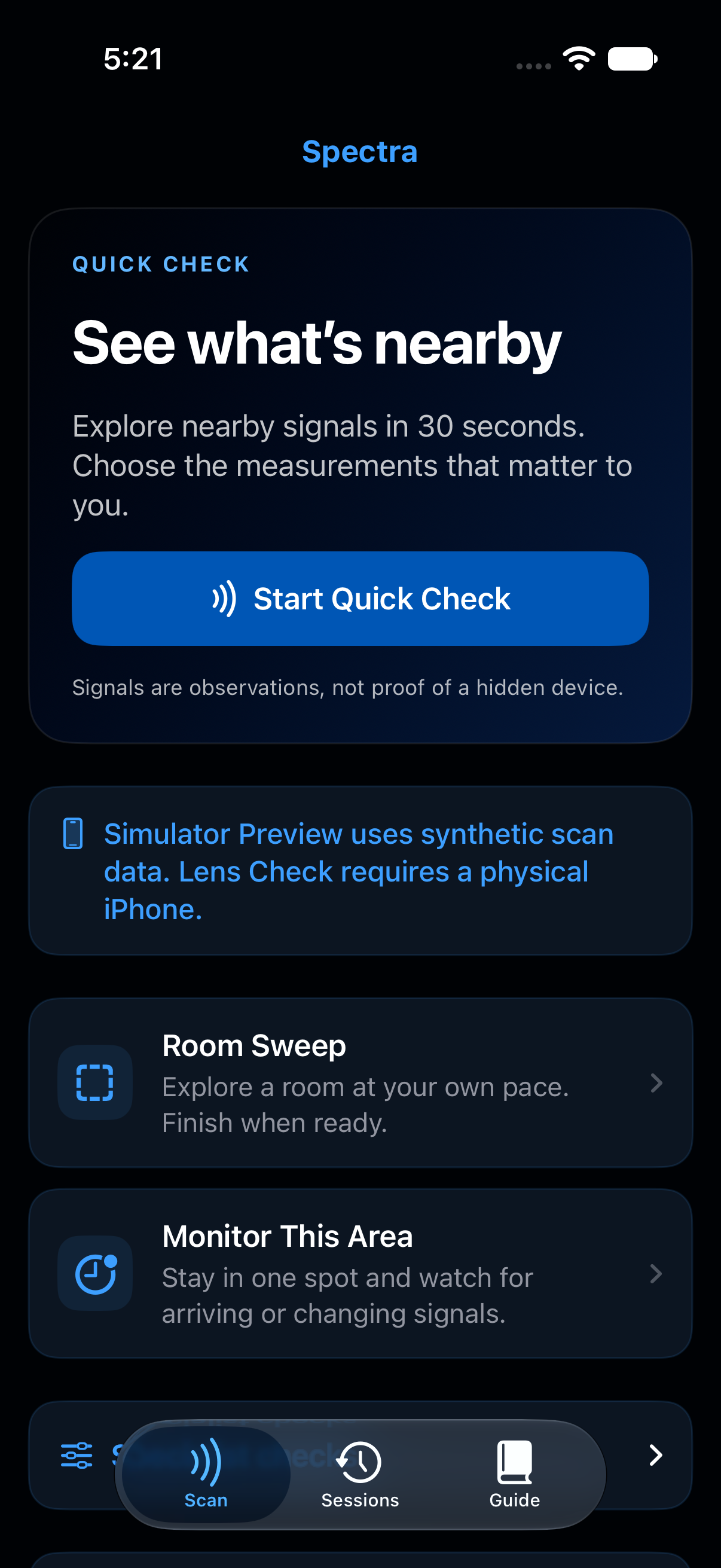 Spectra’s Quick Check, Room Sweep, and Monitor modes with a simulator-preview notice