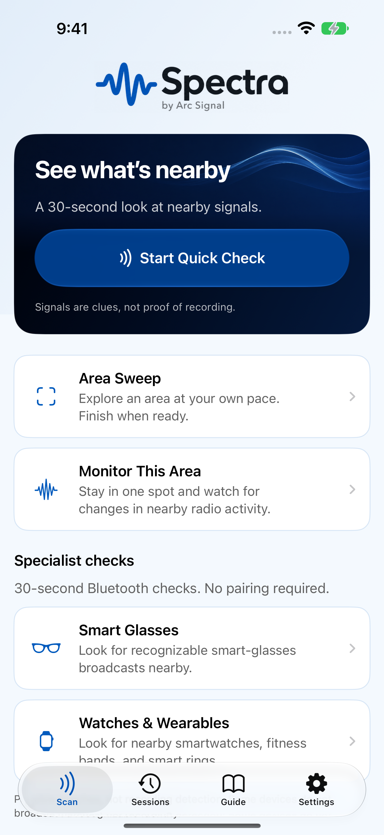 Spectra’s current home screen with Quick Check and area exploration choices