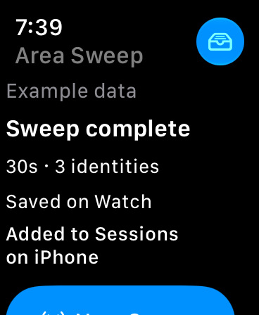 Experimental Watch completion with a saved example capture and its iPhone handoff status