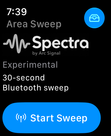 Spectra’s Experimental Watch start screen for a 30-second Bluetooth sweep